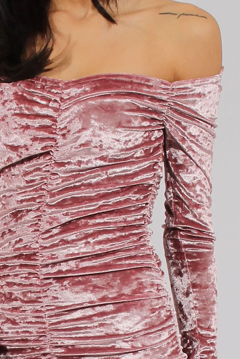 Pink Velvet Ruched Bardot Bodycon Dress - Louise