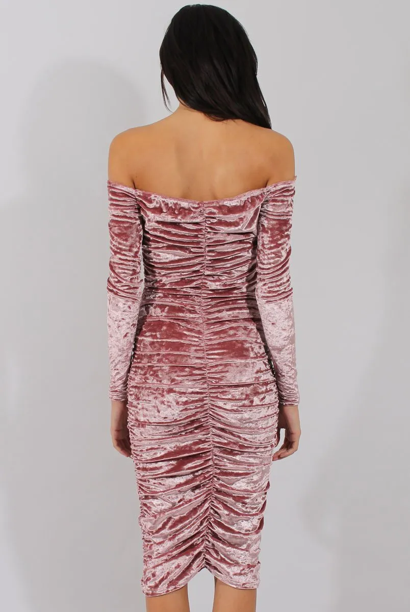 Pink Velvet Ruched Bardot Bodycon Dress - Louise