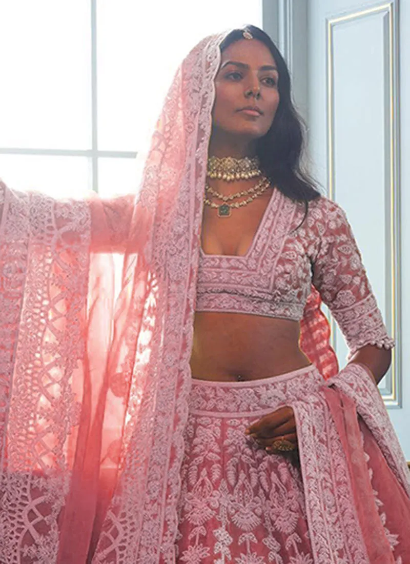 Pinkish Peach Cording Embroidery Wedding Lehenga Choli And Dupatta