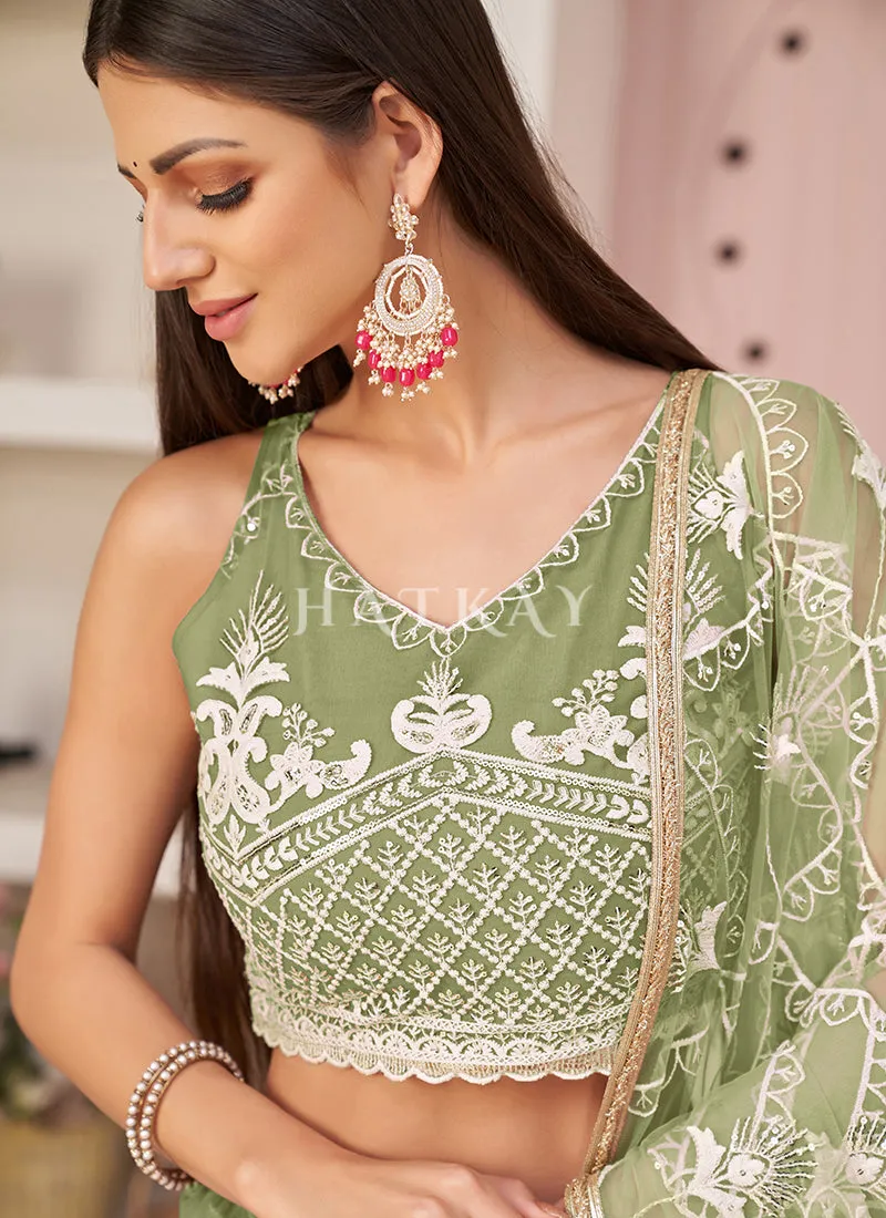 Pista Green Embroidered Partywear Lehenga Choli