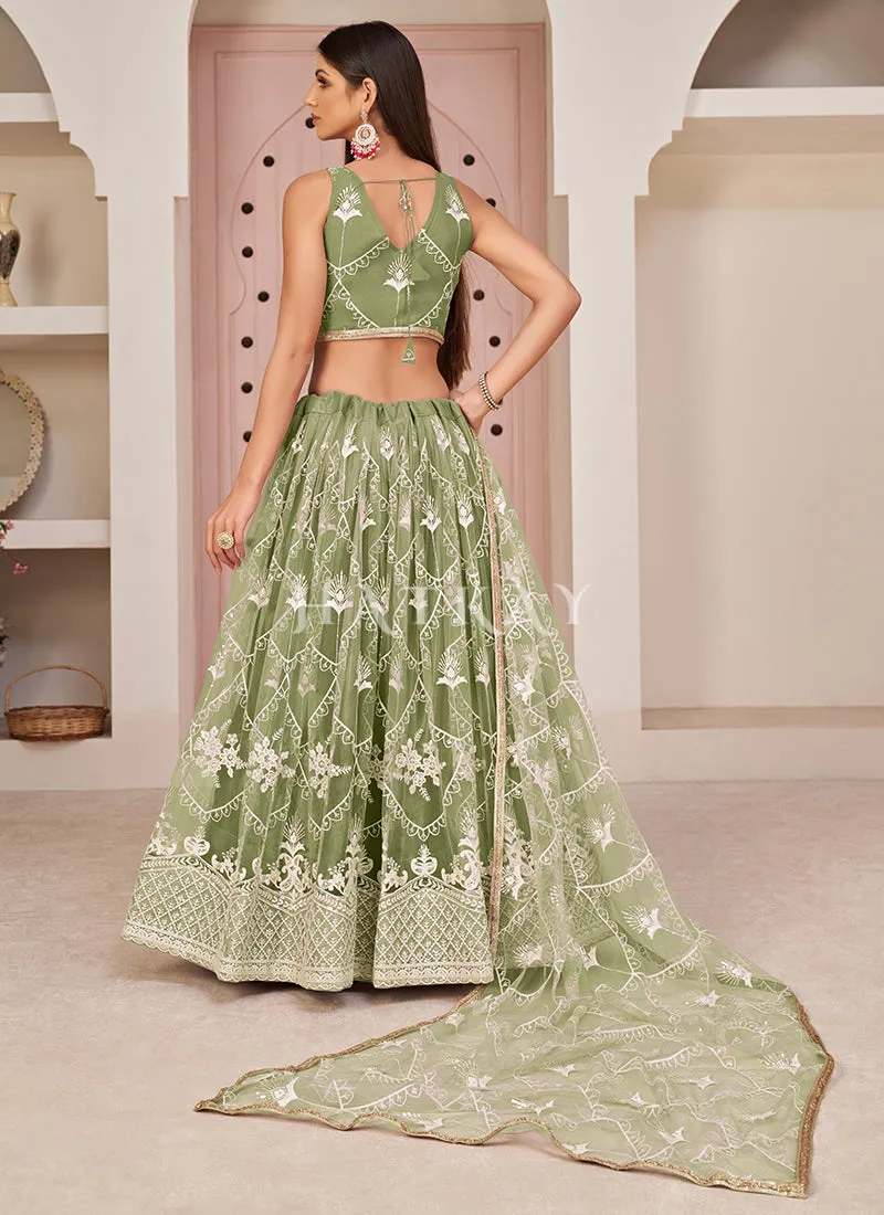 Pista Green Embroidered Partywear Lehenga Choli