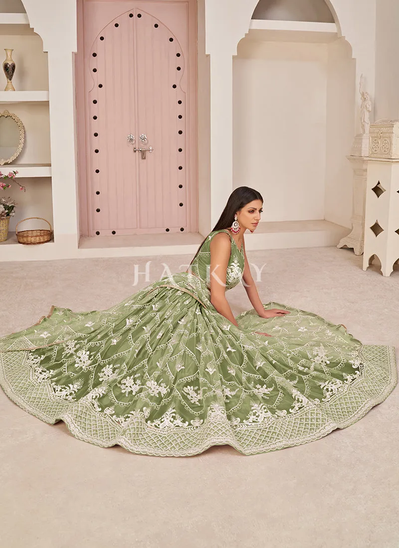 Pista Green Embroidered Partywear Lehenga Choli