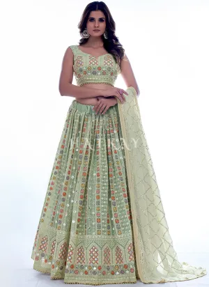 Pista Green Multi Sequence Embroidery Wedding Lehenga Choli