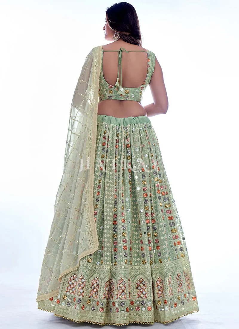 Pista Green Multi Sequence Embroidery Wedding Lehenga Choli
