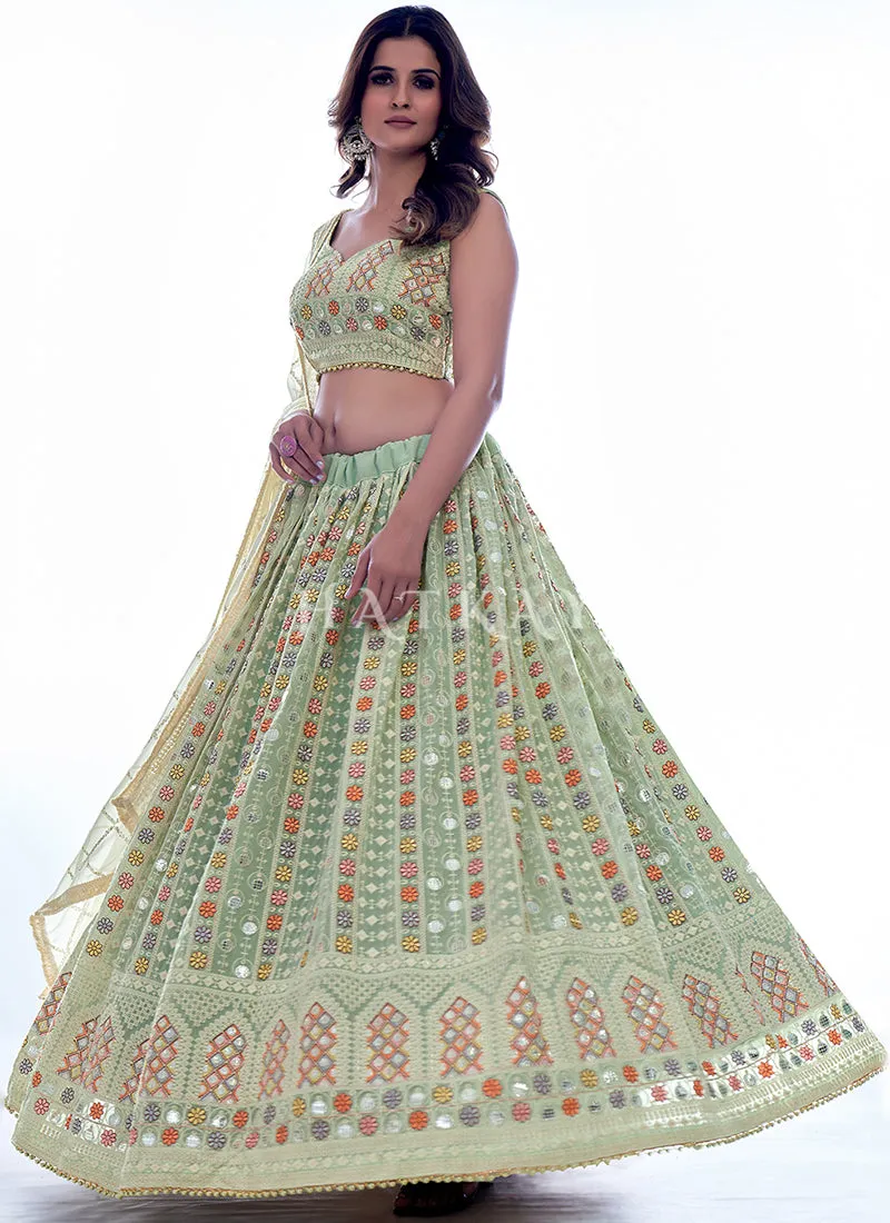 Pista Green Multi Sequence Embroidery Wedding Lehenga Choli