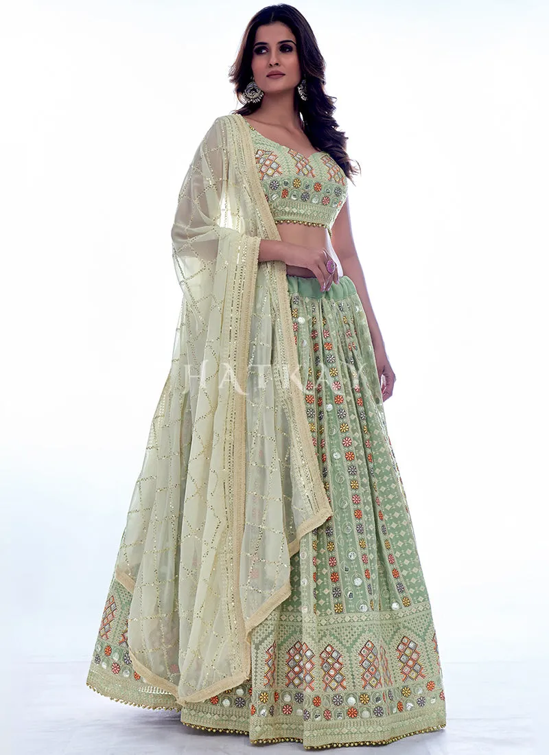 Pista Green Multi Sequence Embroidery Wedding Lehenga Choli