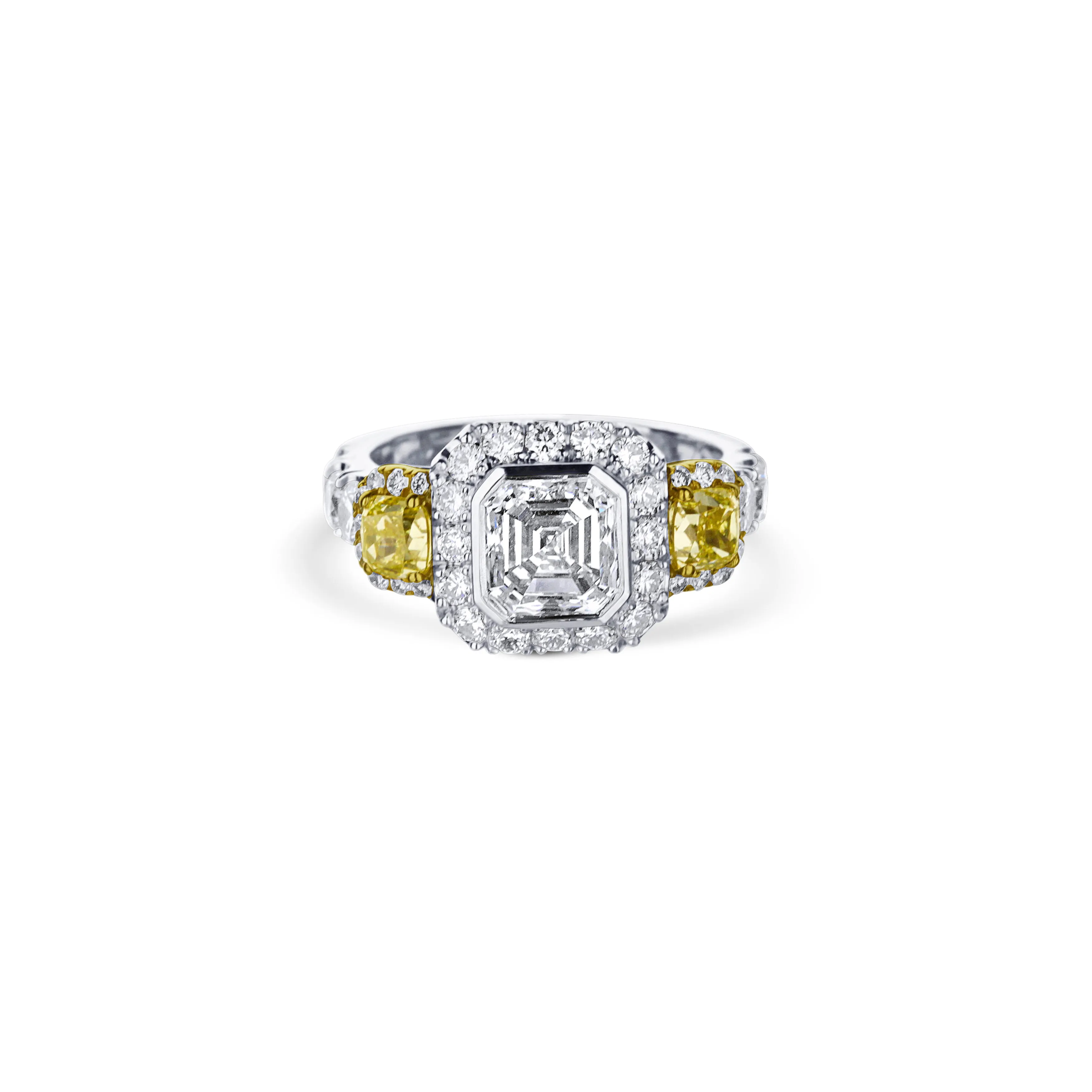 Platinum Emerald Cut Diamond Engagement Ring With Cushion Side Yellow Diamond And Halo