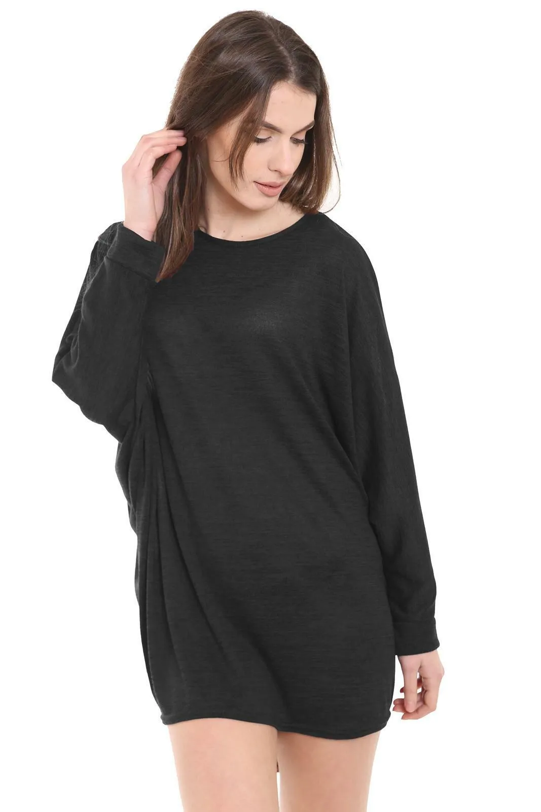 Plus Size Plain Batwing Dip Hem Baggy Top