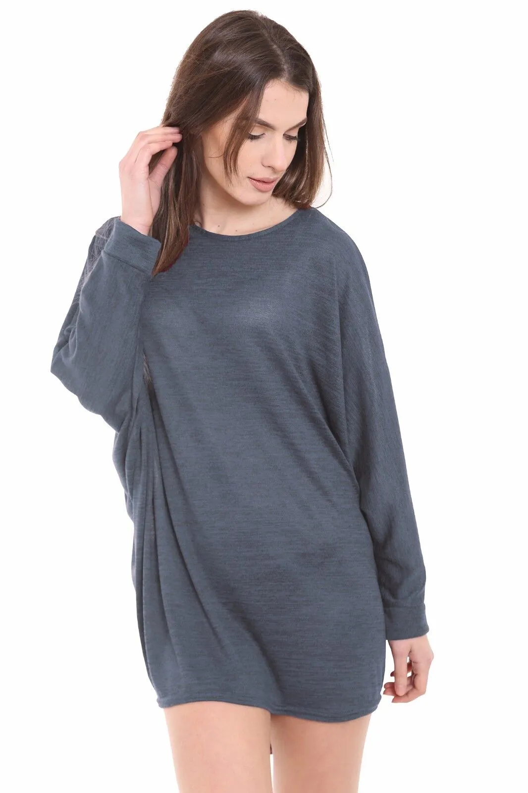 Plus Size Plain Batwing Dip Hem Baggy Top