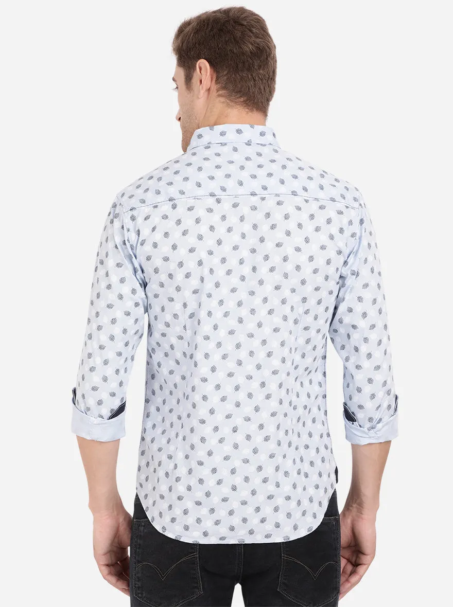 Powder Blue Printed Slim Fit Semi Casual Shirt | Greenfibre