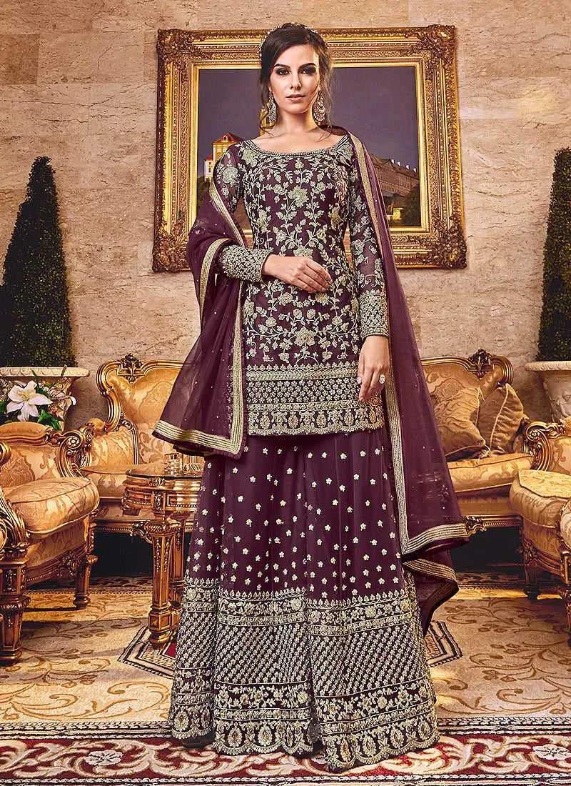Purple Heavy Embroidered Plazzo Style Suit