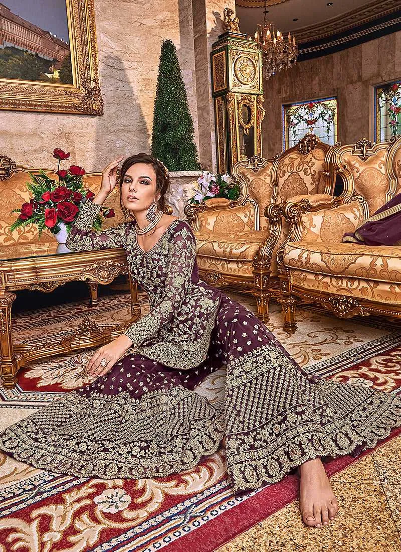 Purple Heavy Embroidered Plazzo Style Suit