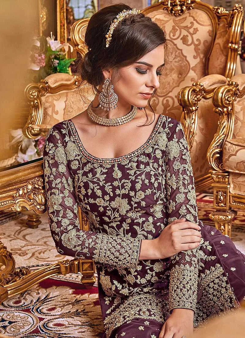 Purple Heavy Embroidered Plazzo Style Suit