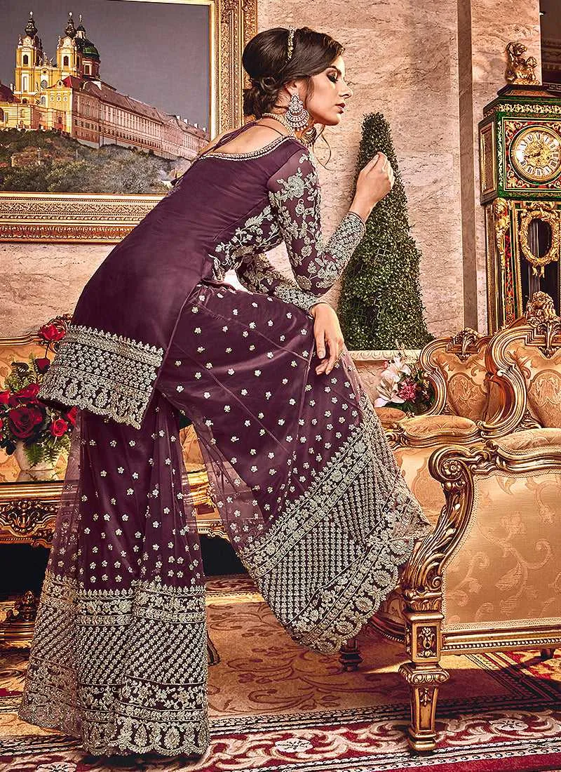 Purple Heavy Embroidered Plazzo Style Suit