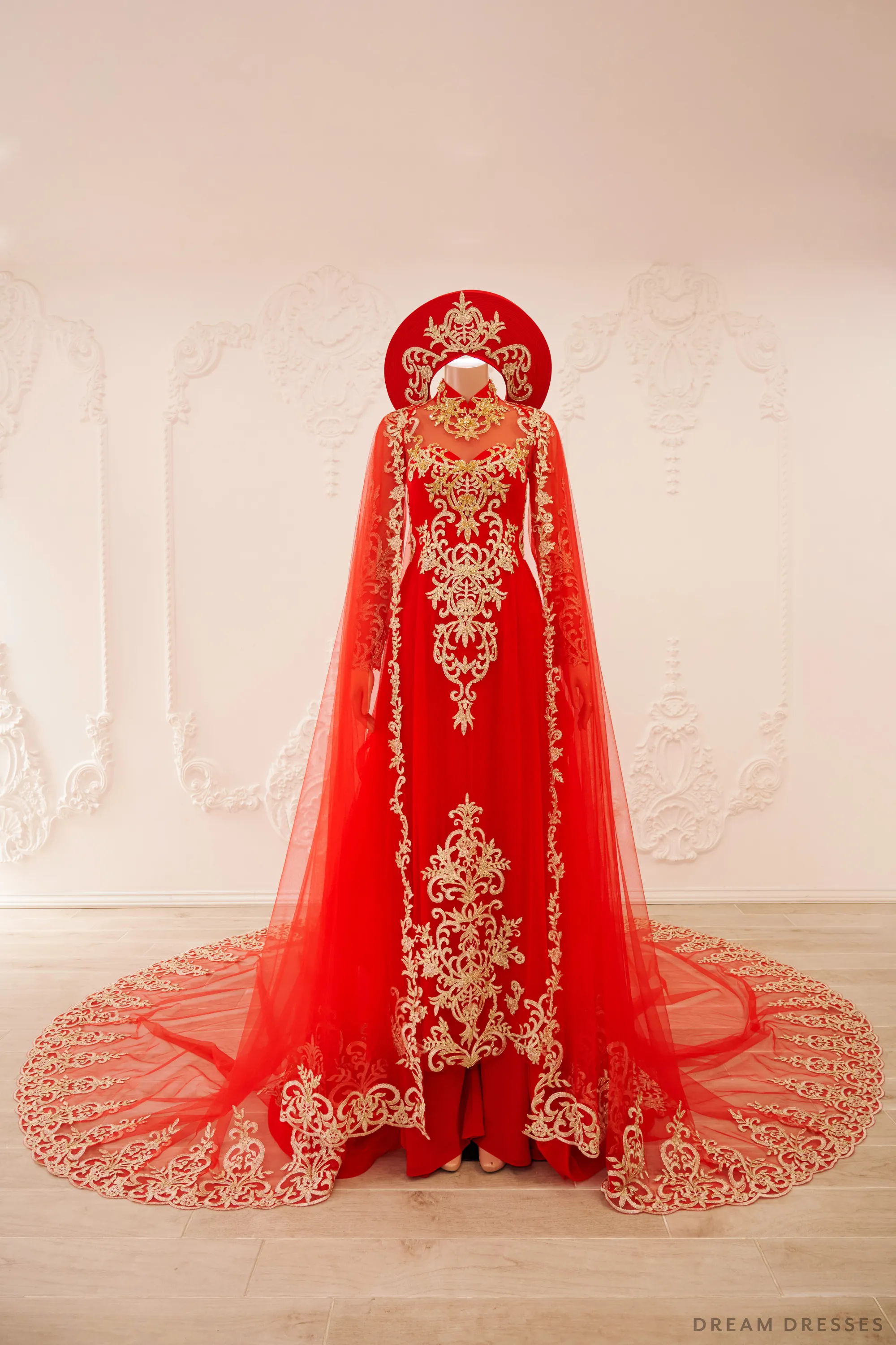 Red and Gold Ao Dai OverCoat | Traditional Vietnamese Bridal OverCoat (#TUEMINH)