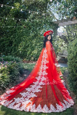 Red and Gold Ao Dai OverCoat | Traditional Vietnamese Bridal OverCoat (#TUEMINH)