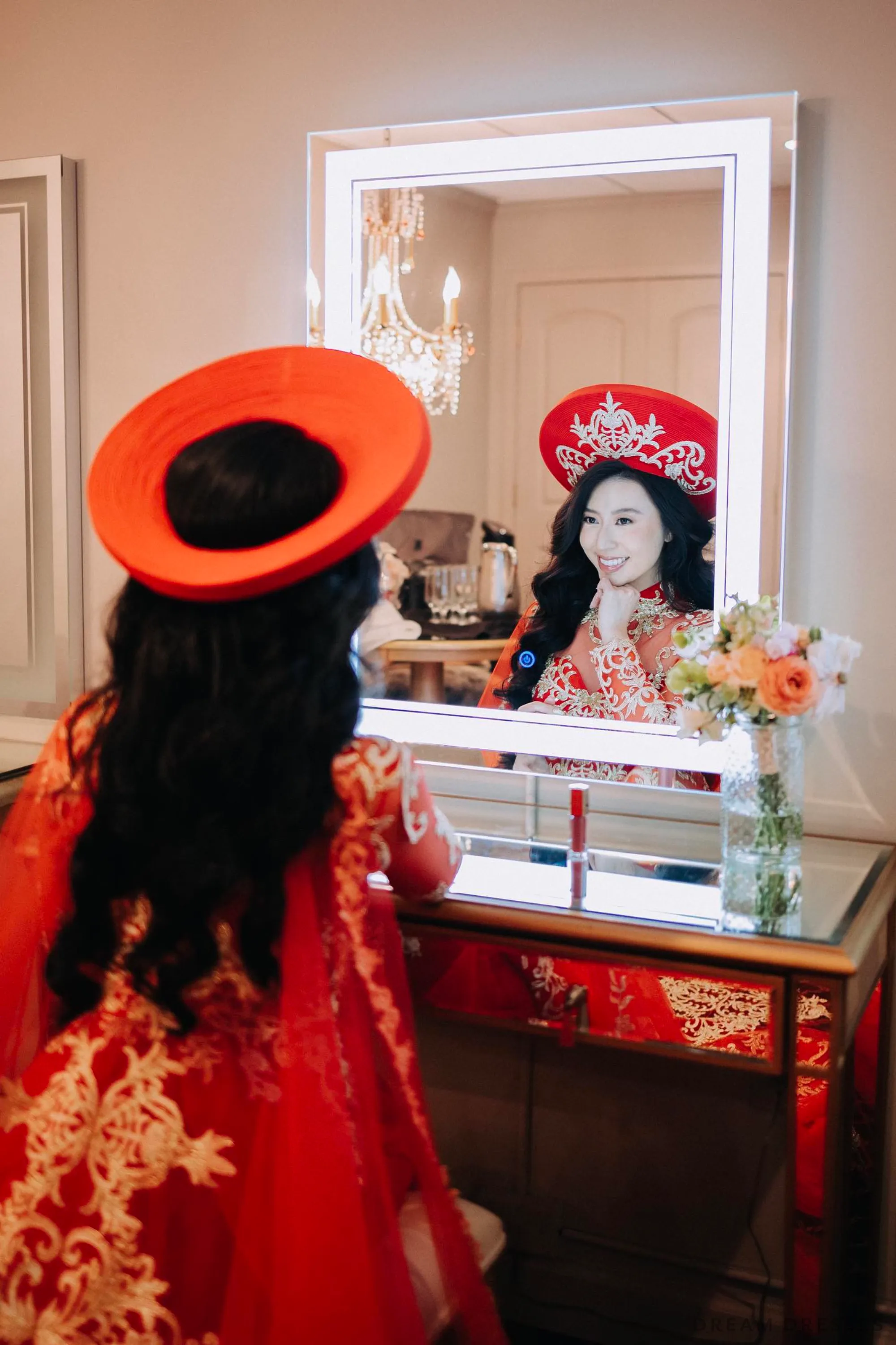 Red and Gold Ao Dai OverCoat | Traditional Vietnamese Bridal OverCoat (#TUEMINH)