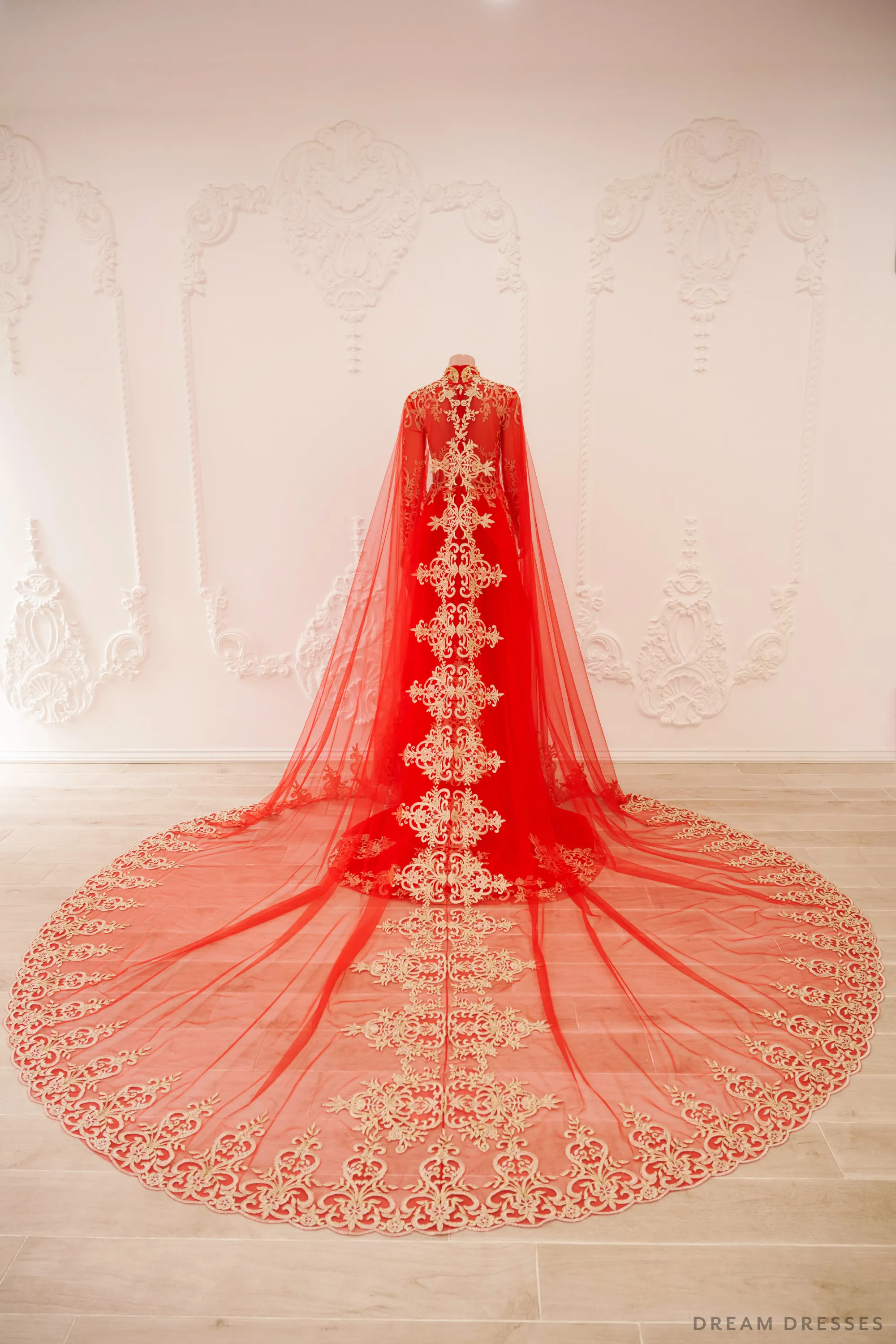 Red and Gold Ao Dai OverCoat | Traditional Vietnamese Bridal OverCoat (#TUEMINH)