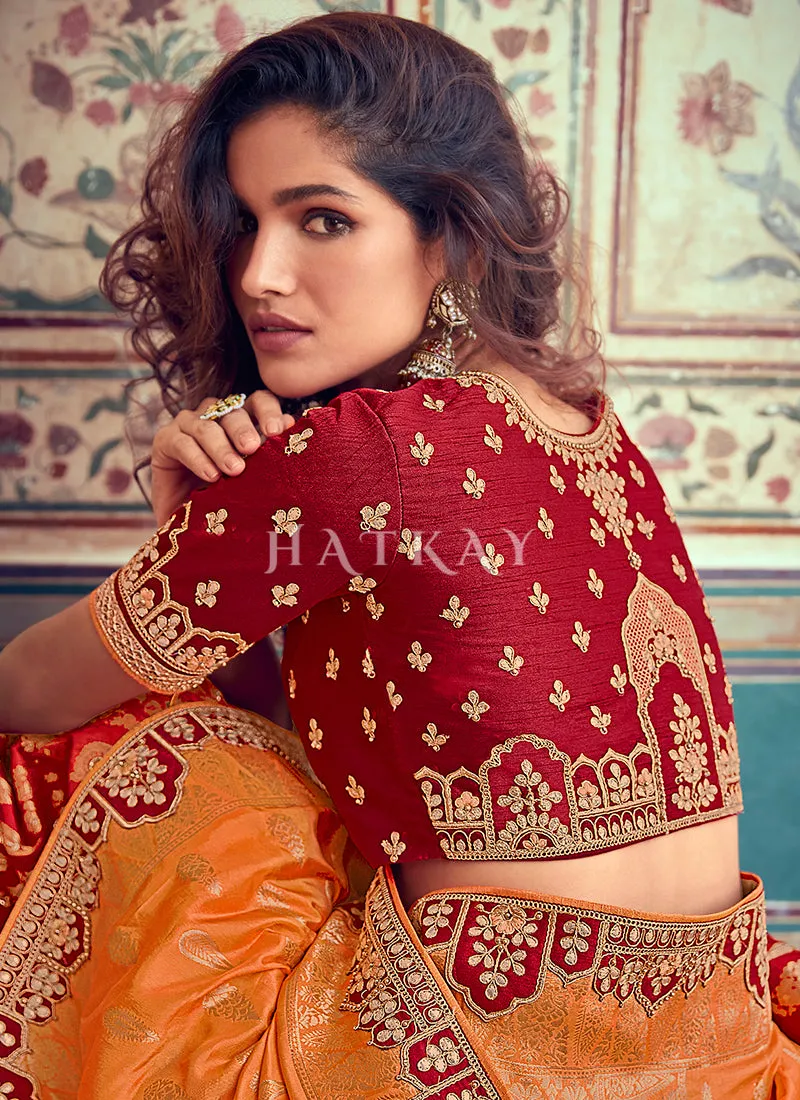 Red And Orange Embroidered Silk Wedding Lehenga Choli