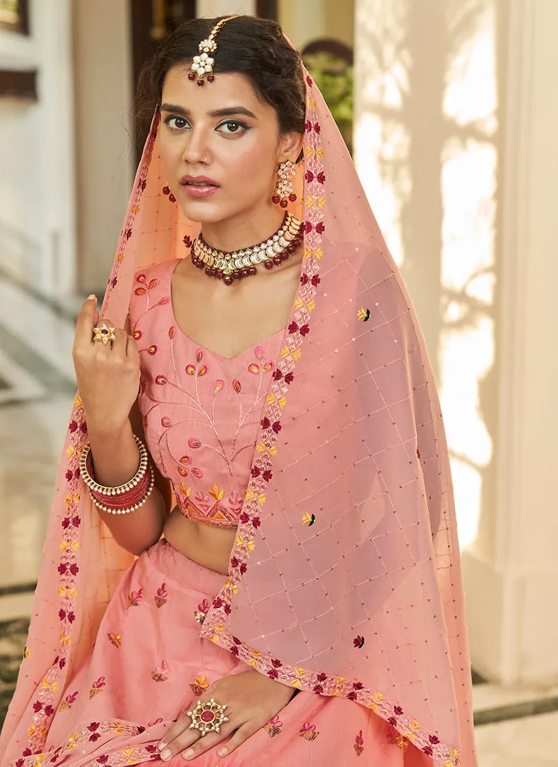 Red And Pink Multi Embroidery Ombré Silk Lehenga Choli