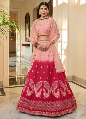 Red And Pink Multi Embroidery Ombré Silk Lehenga Choli