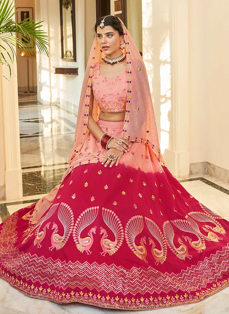 Red And Pink Multi Embroidery Ombré Silk Lehenga Choli