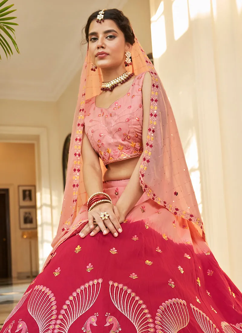 Red And Pink Multi Embroidery Ombré Silk Lehenga Choli