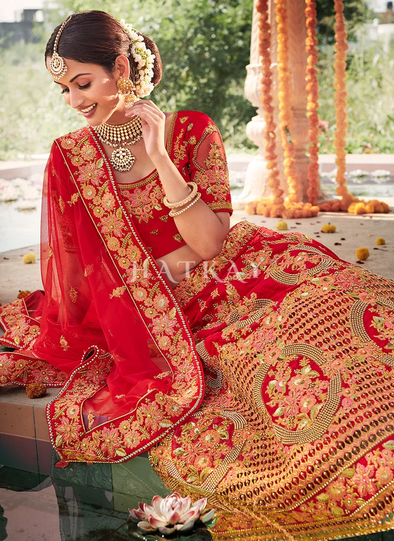 Red Embroidered Silk Wedding Lehenga Choli