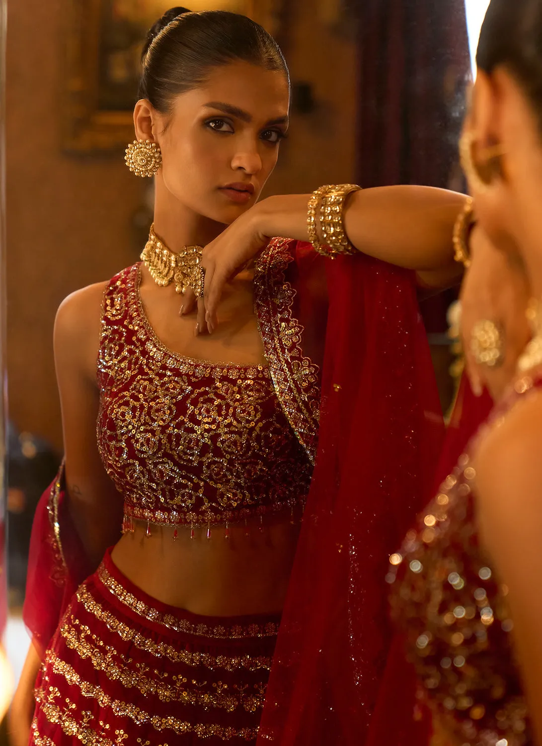Red Embroidered Velvet Lehenga