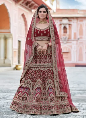 Red Embroidered Velvet Wedding Lehenga Choli