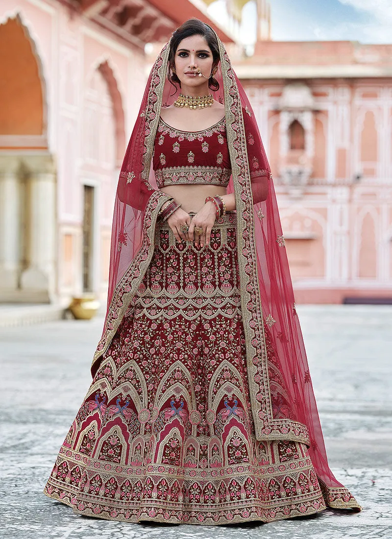 Red Embroidered Velvet Wedding Lehenga Choli