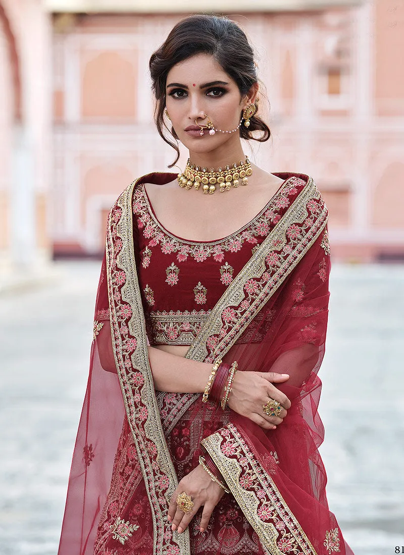 Red Embroidered Velvet Wedding Lehenga Choli