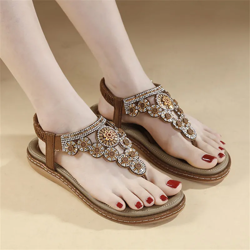 Rhinestone Flower T-Strap Beach Sandals for Women
