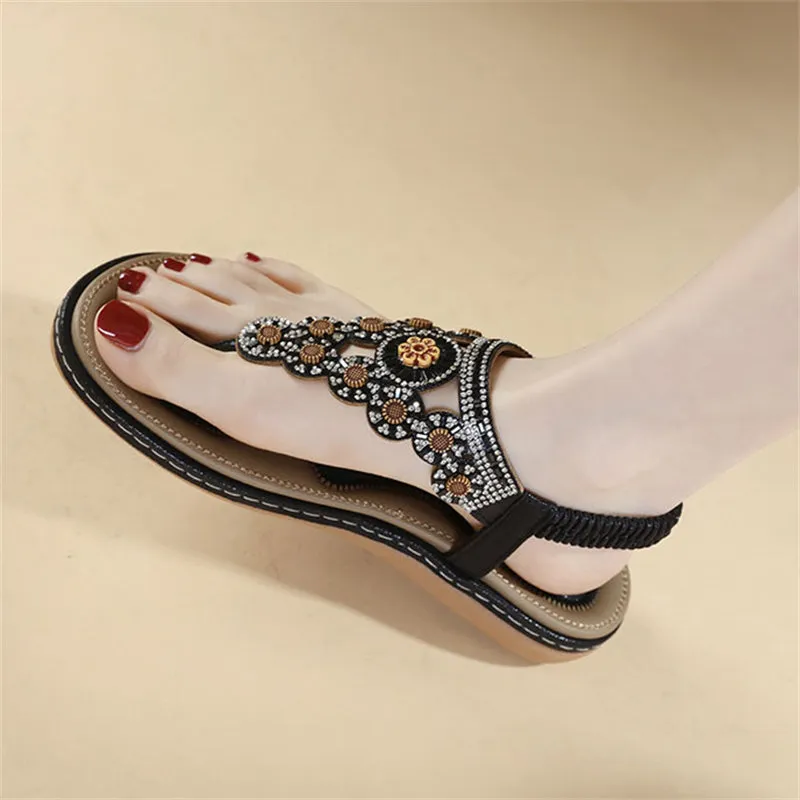 Rhinestone Flower T-Strap Beach Sandals for Women