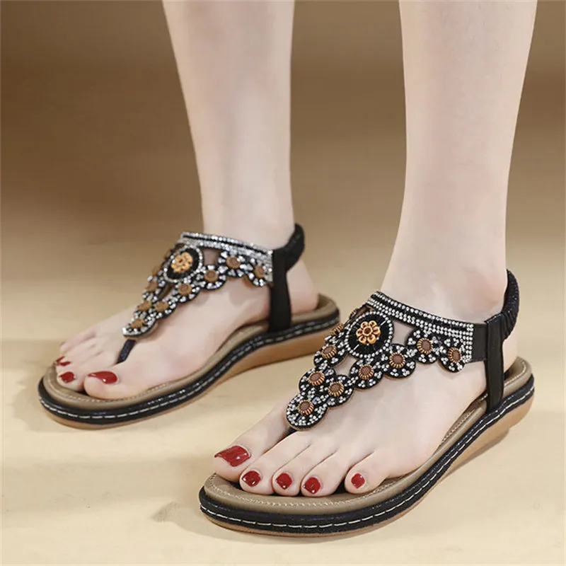 Rhinestone Flower T-Strap Beach Sandals for Women