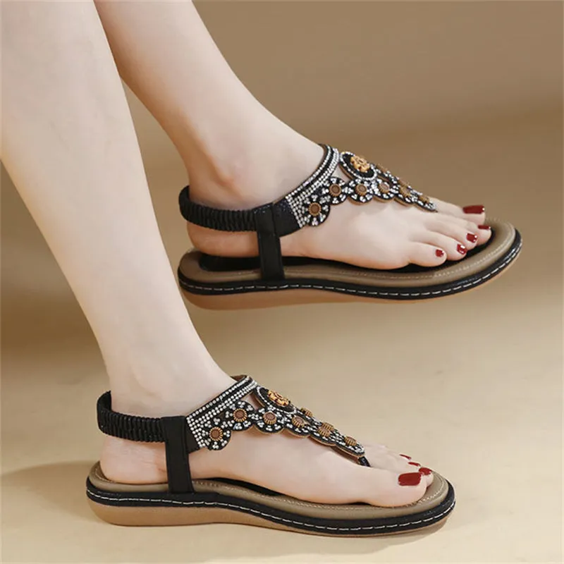 Rhinestone Flower T-Strap Beach Sandals for Women