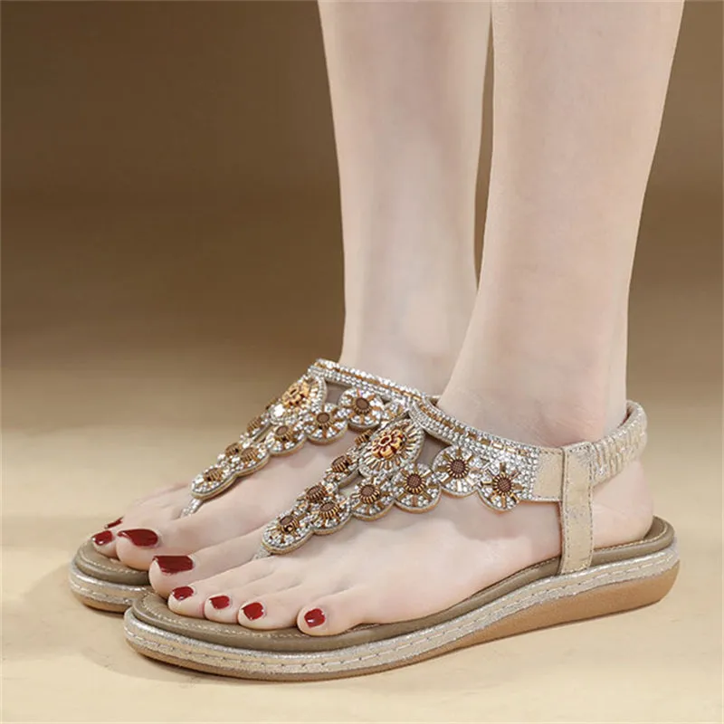 Rhinestone Flower T-Strap Beach Sandals for Women