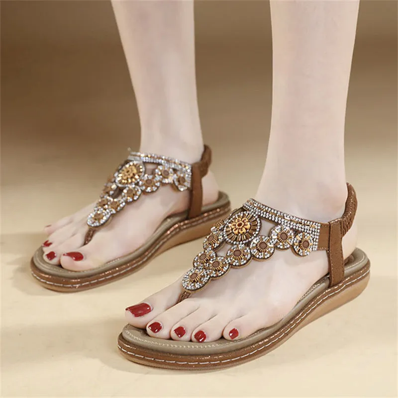 Rhinestone Flower T-Strap Beach Sandals for Women