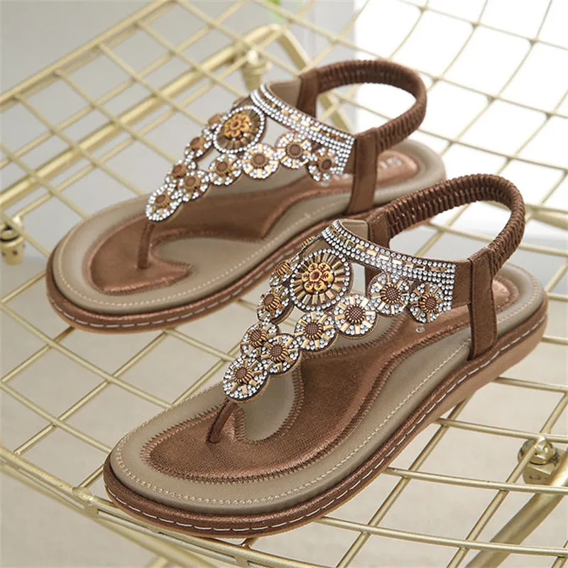 Rhinestone Flower T-Strap Beach Sandals for Women