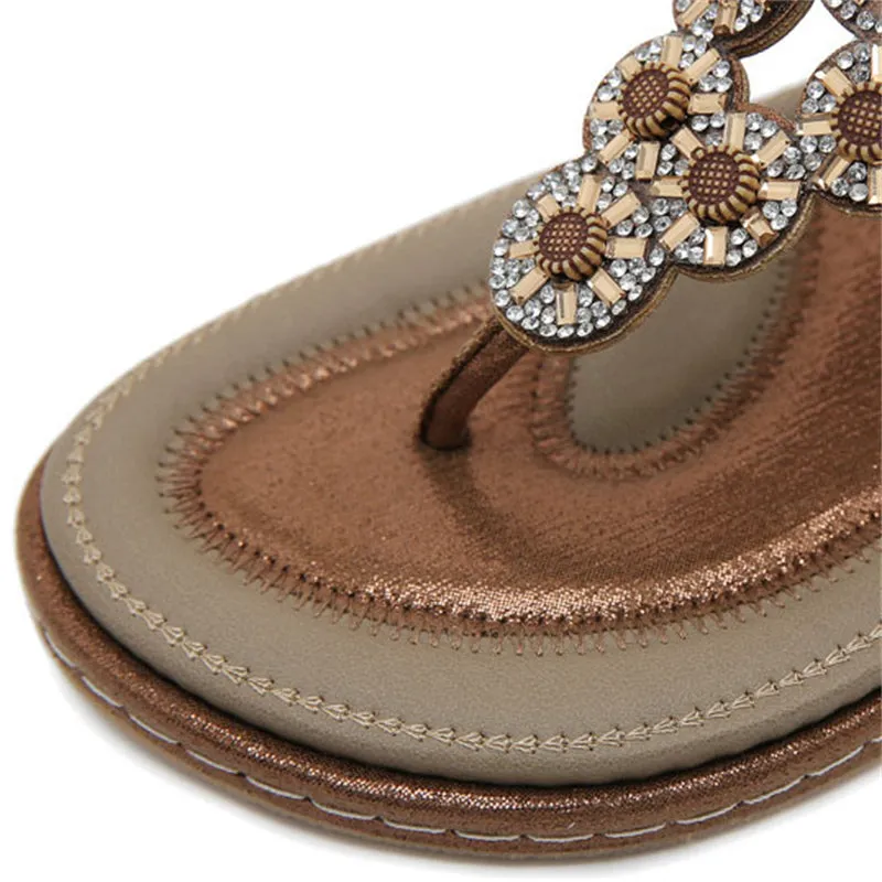 Rhinestone Flower T-Strap Beach Sandals for Women