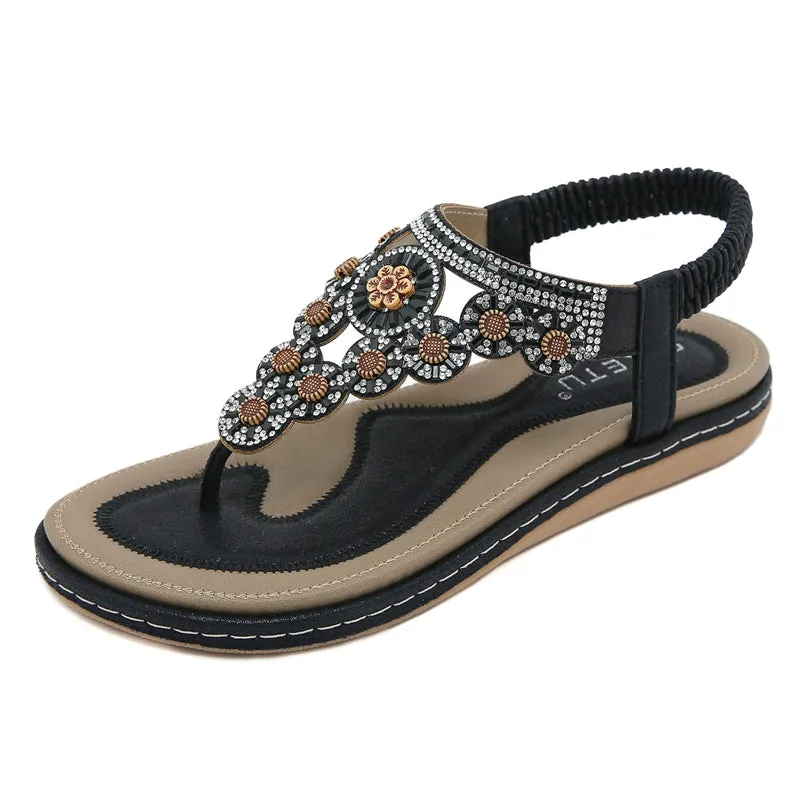 Rhinestone Flower T-Strap Beach Sandals for Women