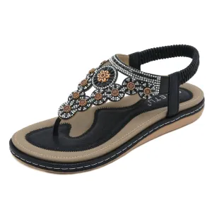 Rhinestone Flower T-Strap Beach Sandals for Women