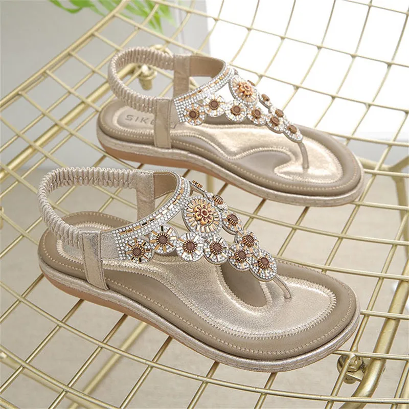 Rhinestone Flower T-Strap Beach Sandals for Women