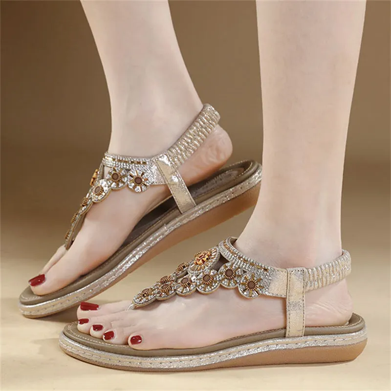 Rhinestone Flower T-Strap Beach Sandals for Women