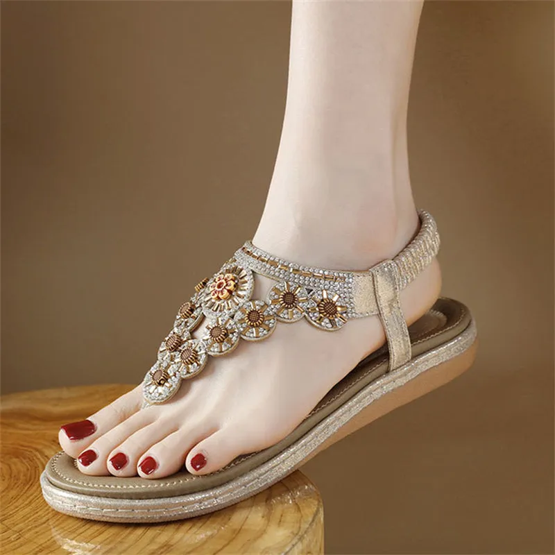 Rhinestone Flower T-Strap Beach Sandals for Women