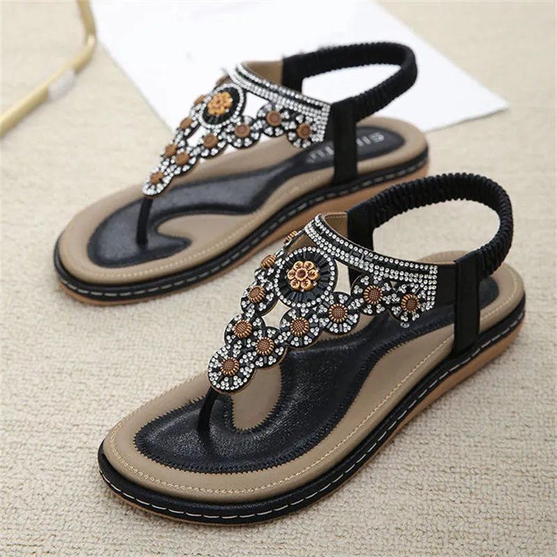 Rhinestone Flower T-Strap Beach Sandals for Women