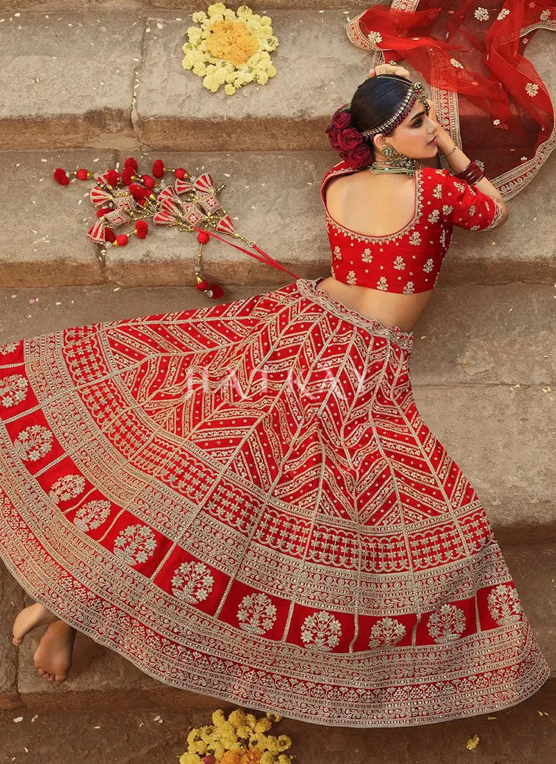 Rouge Red Zari Embroidered Bridal Lehenga Choli