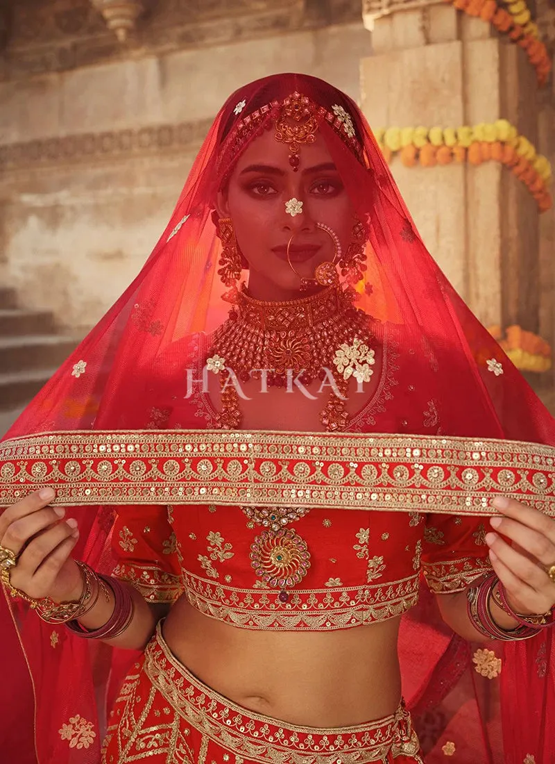 Rouge Red Zari Embroidered Bridal Lehenga Choli