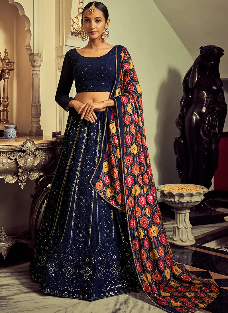 Royal Blue Mirror Work Embroidery Traditional Lehenga Choli