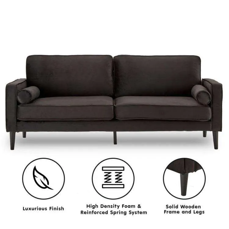 SARANTINO 3 SEATER FAUX VELVET SOFA BED COUCH FURNITURE LOUNGE - BLACK
